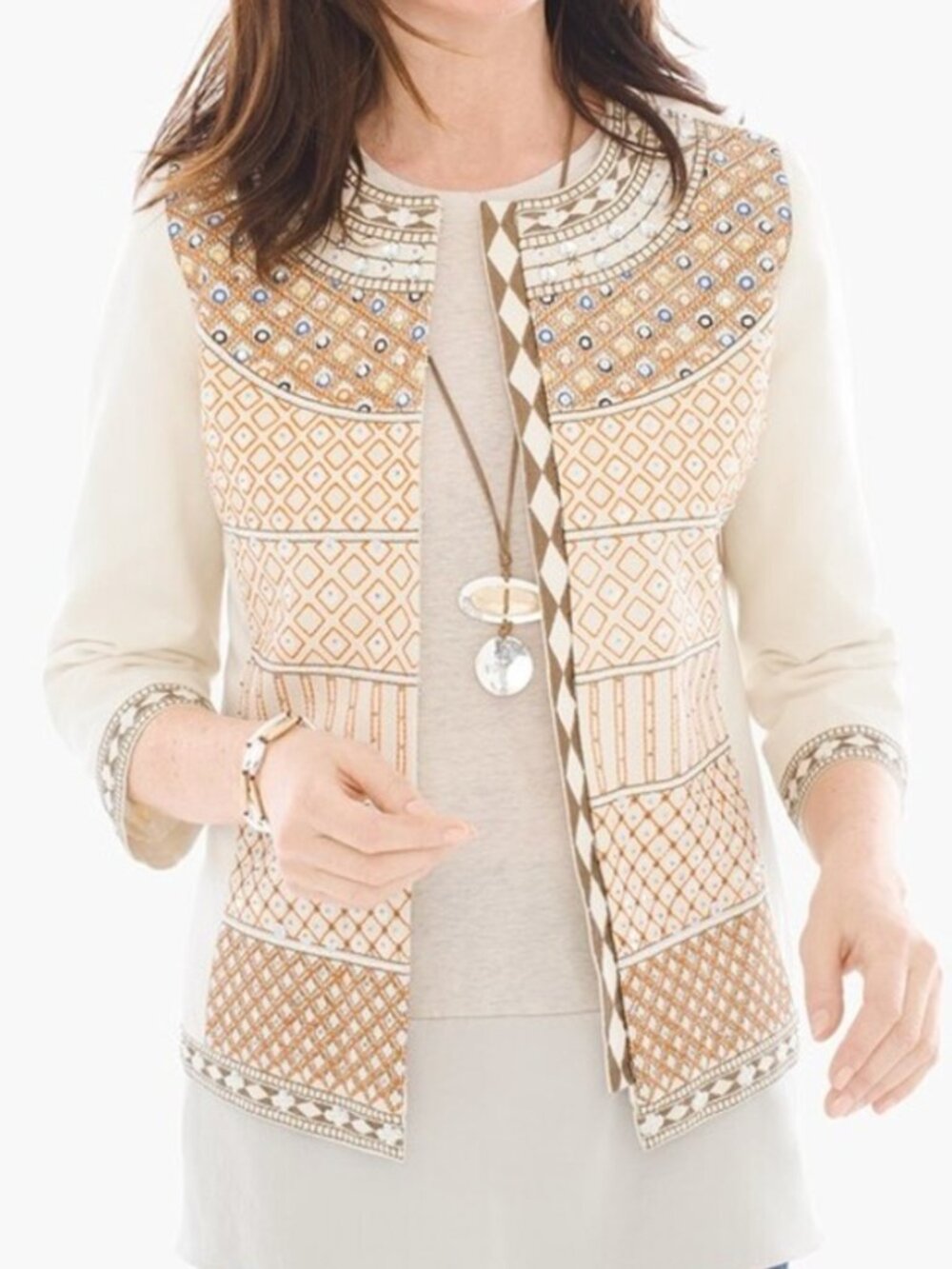 CHICO'S 1 Embellished Jacket Tan Beige Embroidered 3/4 Sleeve Cotton Medium / 8